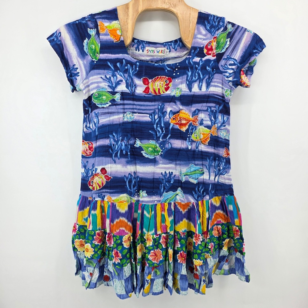 Jams World Talking Fish Tiered Mini Dress XL Blue Rayon Short Sleeve Tropical